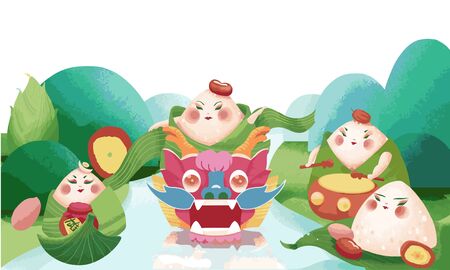 Cartoon noise mechanism dragon boat festival theme, illustration of a group of zongzi dancing dragon boat dance partyのイラスト素材
