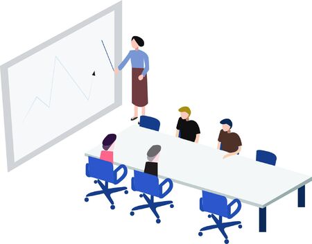 Flat workplace business office multi-person meeting illustration exchange ideas and experienceのイラスト素材