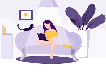 Flat purple woman leisure at home office illustrationのイラスト素材