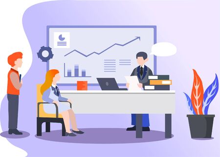 Flat purple gradient business office multi-person meeting work report illustrationのイラスト素材