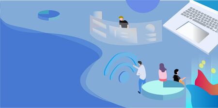 Flat blue department office scene of technology business peoplのイラスト素材