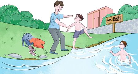 Cartoon wind uncle prevents children from going down the river to prevent drowning illustrationのイラスト素材