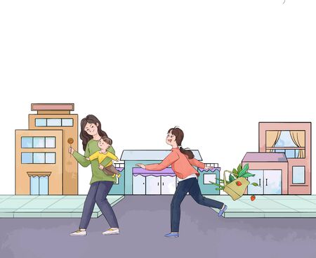 Cartoon wind peddler candy tricks child mother to chase for help illustrationのイラスト素材