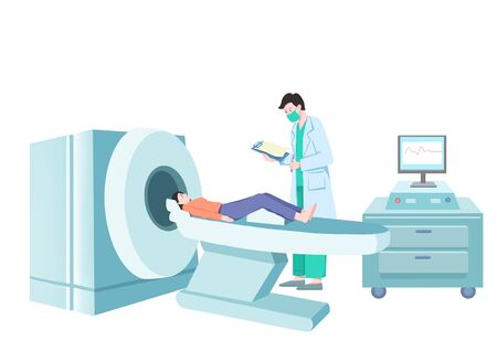 Blue green doctor CT machine examining female patient sceneのイラスト素材