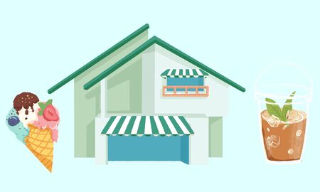 Three-dimensional ice cream cold drink double-decker street shopのイラスト素材