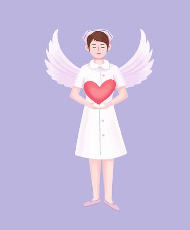 Cartoon nurse with wings holding white angel in loveのイラスト素材