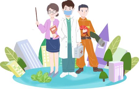 Flat labor day doctor teacher firefighter city illustrationのイラスト素材