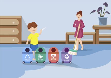 Flat mother teaches children garbage classification illustrationのイラスト素材