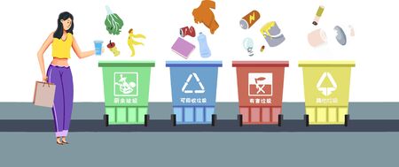Flat fashion girl garbage classification illustration