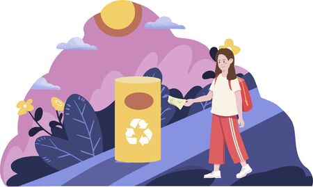 Magenta trash sorting student throwing garbage illustrationのイラスト素材