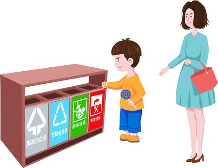 Flat trash sorting parents help children throw trashのイラスト素材