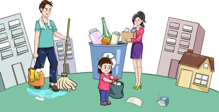 Stick figure family of three cleaning sanitary garbage classificationのイラスト素材