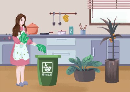 Flat family kitchen garbage classification illustrationのイラスト素材