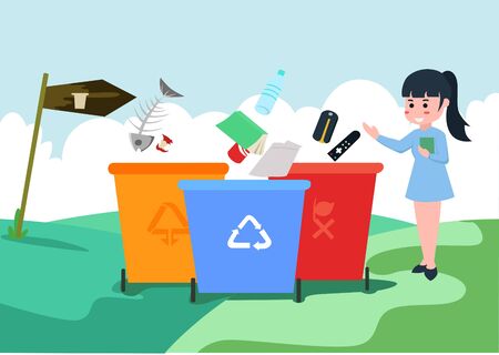 Flat girl outdoor garbage dump garbage classification illustrationのイラスト素材