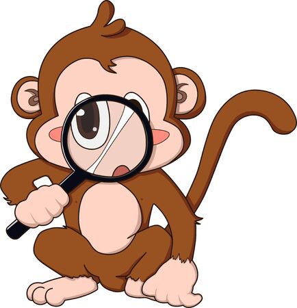 Cartoon brown monkey holding a magnifying glassのイラスト素材