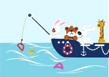 Cartoon illustration of several animals fishing letters on the boatのイラスト素材