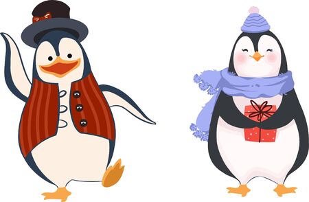Cute cartoon cheerful penguin dancing and smiling penguin holding a giftのイラスト素材
