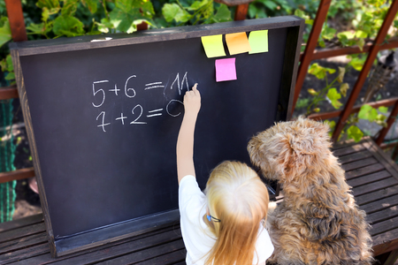cute little girl  with dog writing answer to the exerciseusing chalk on blackboardの写真素材