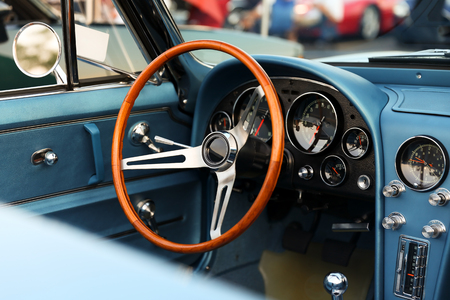 classic retro vintage blue car. Car interiorの写真素材
