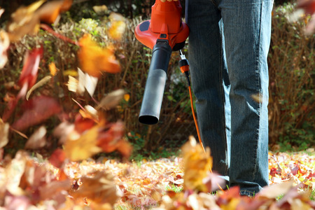 Man working with  leaf blower: the leaves are being swirled up and down on a sunny dayの写真素材