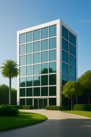 Modern office building with green grass and trees. 3d render illustrationの素材