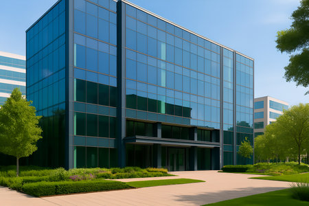 Modern office building with a glass facade. 3d rendering mock upの素材