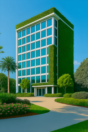 3D render of a modern office building on the background of greeneryの素材
