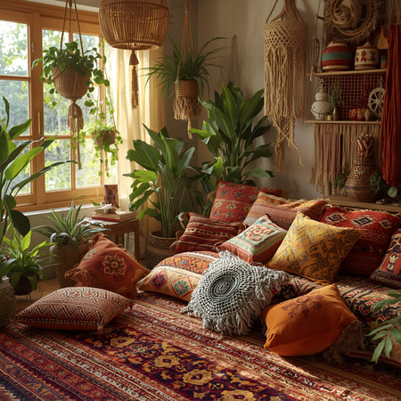 Interior of a cozy living room with colorful pillows and plantsの素材