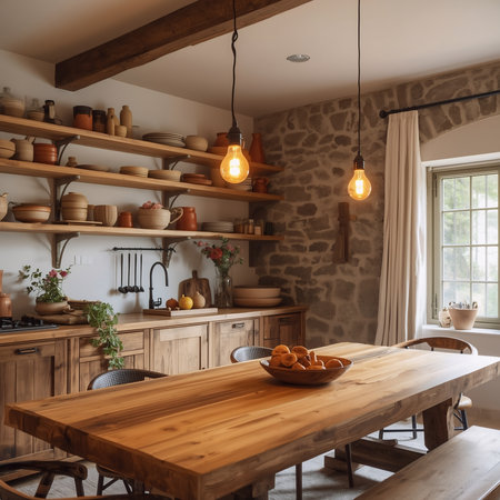 Interior of a rustic kitchen with wooden furniture and light bulbsの素材