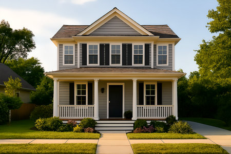 Luxury home with front porch and arched front door.の素材
