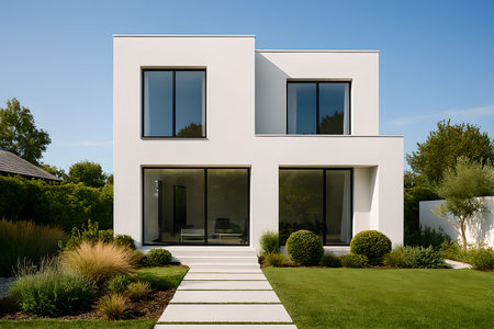 Modern white house with garden and blue sky. Perspective view. 3d renderingの素材