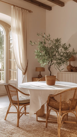 Interior of a living room with a round table and two chairsの素材