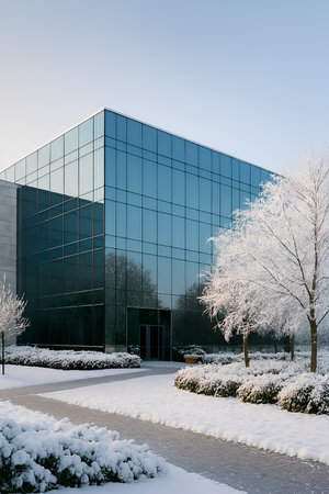 modern office building in winter with trees and snow on the glass facadeの素材