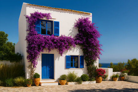 White house with blue shutters and purple flowers on the island of Crete, Greeceの素材