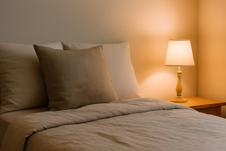 Comfortable pillow on bed with light lamp decoration in hotel bedroom interiorの素材