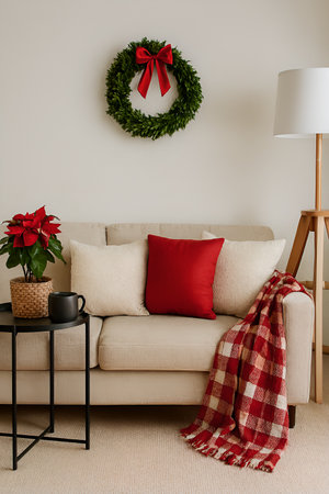 Interior of living room with christmas wreath on the wallの素材