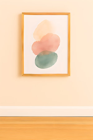 Modern abstract painting on the wall and wooden floor. 3D renderingの素材