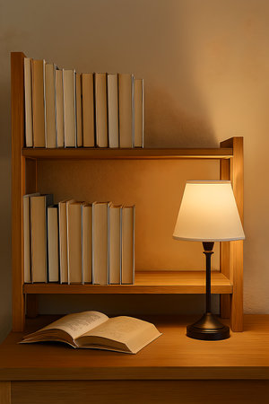 Bookshelf with books and lamp in the interior of the roomの素材