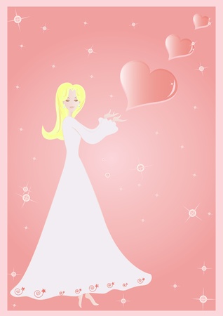 A cartoon girl in white dress is dreaming about romatic things.のイラスト素材