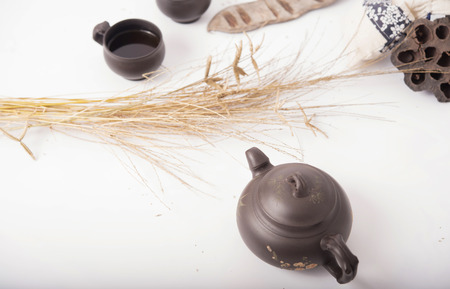 close view of teaset with white background