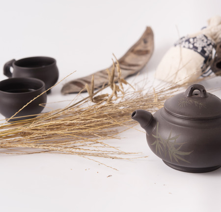 close view of teaset with white backgroundの写真素材