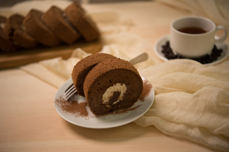 chocolate cake roll and drinkの写真素材