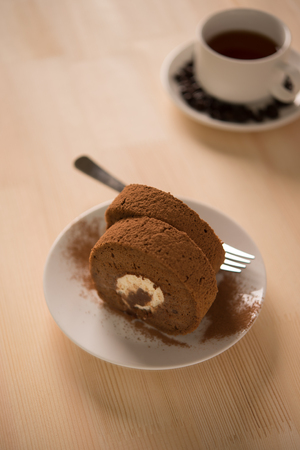 chocolate cake roll and drinkの写真素材