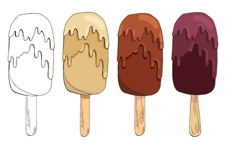 Set of vector hand drawn ice creams. Eskimo pie isolated on white background. Colored and Contour Sketch Images. Summer linear design. Pack of chocolate ice cream. Ice lolly.のイラスト素材
