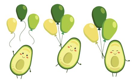 Set of vector cartoon avocado heroes with balloons in kawaii style. Characters for kids coloring book, colouring pages, t-shirt print, icon, label, patch, sticker. Emoji Emoticon collectionのイラスト素材