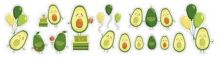 Big sticker set of vector cute smiling avocado heroes isolated on white background. Collection of fruit characters with flying yellow green balloons, gifts in boxes, and red flowers. Kawaii style.のイラスト素材