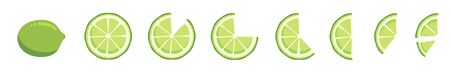 Vitamin C. Set of vector isolated elements. Bright fresh ripe juicy whole and cut lime and slices isolated on white background. Clip art for your designのイラスト素材