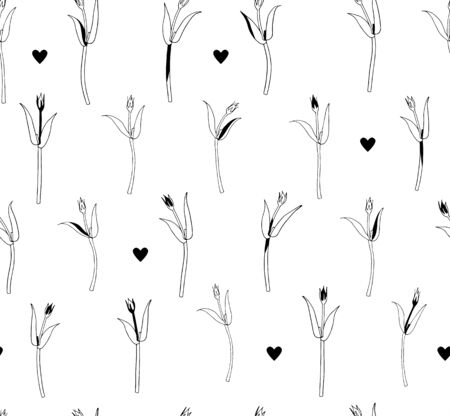 Vector seamless botanical pattern with hand drawn herbs and hearts isolated on white background. Endless texture. Wrapping paper,textile fabric print. Cover for planner, notebook. Black and white.のイラスト素材