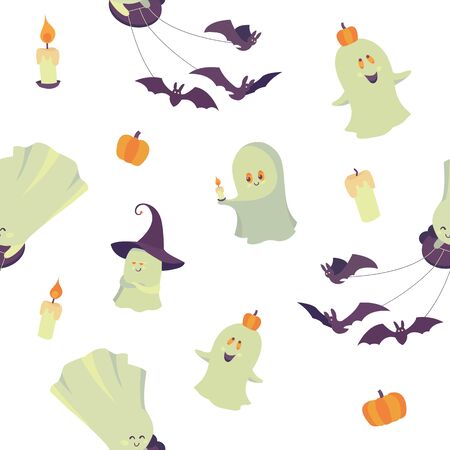 Vector seamless pattern with smiling ghosts, pumpkins, candles and bats isolated on a white background. Endless texture. Template for greeting cards and Halloween party invitations.のイラスト素材