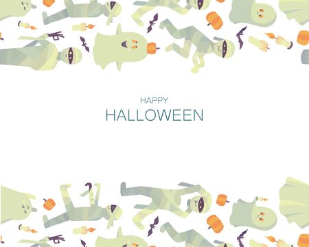 Happy Halloween. Bright Halloween party invitation or greeting card. Festive vector template with ghosts, mummies, candles, bats and pumpkins isolated on white background.のイラスト素材